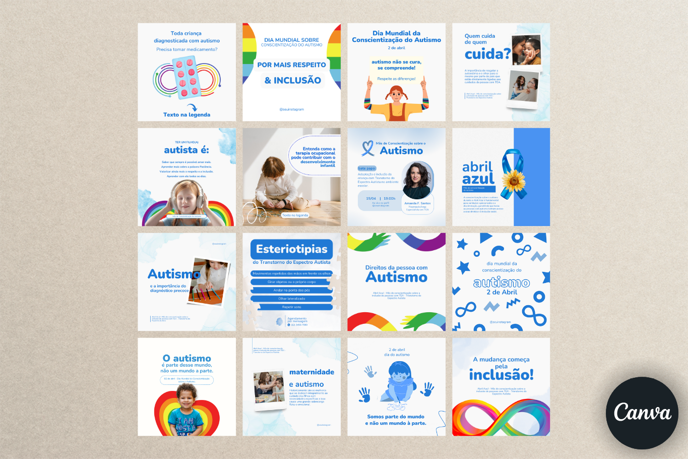 Pack Autismo 25 Posts editáveis no Canva Post Ideal