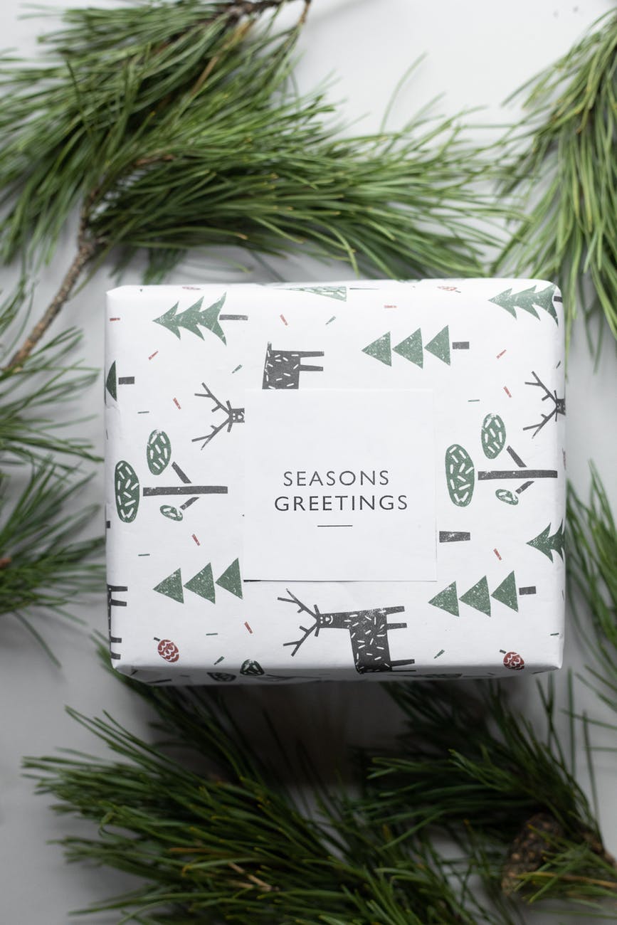 present box wrapped in paper with christmas symbols among coniferous twigs